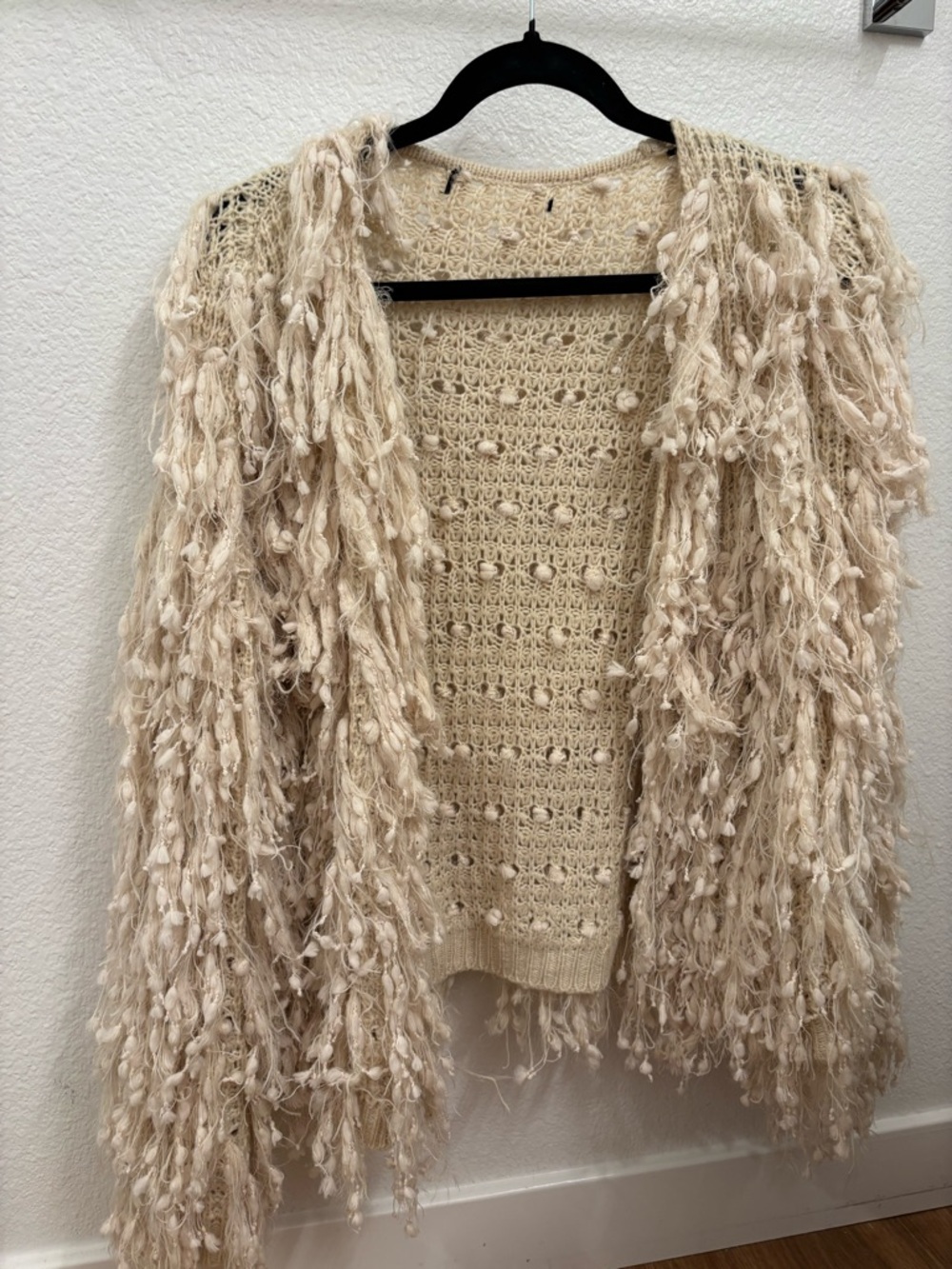 Cream Textured Fringe Open-Front Women's Cardigan boho chic